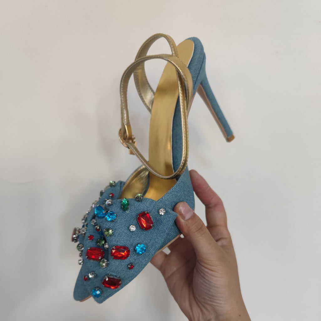 Sarah Express Denim Rhinestone Bow Pointed Toe Heels
