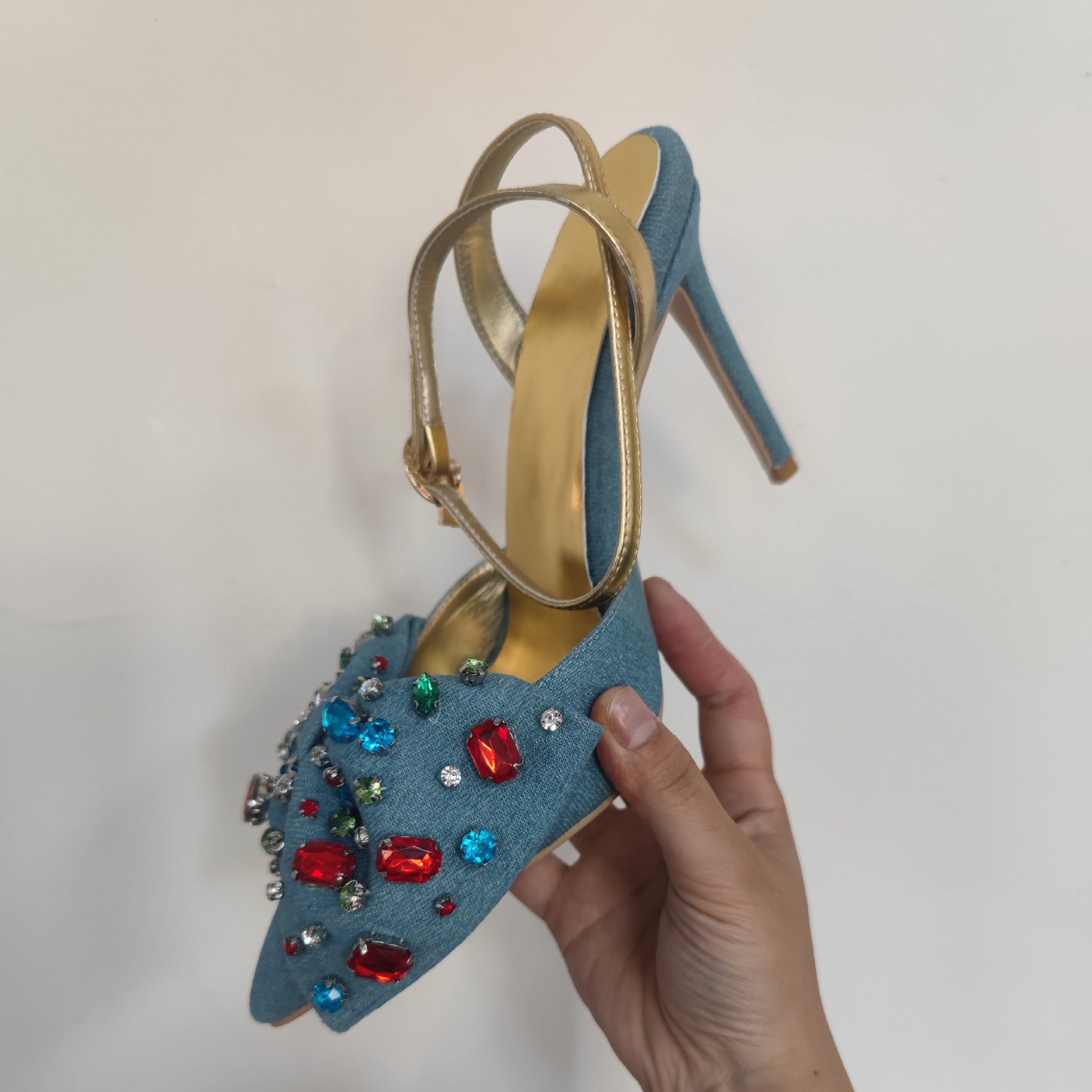 Sarah Express Denim Rhinestone Bow Pointed Toe Heels