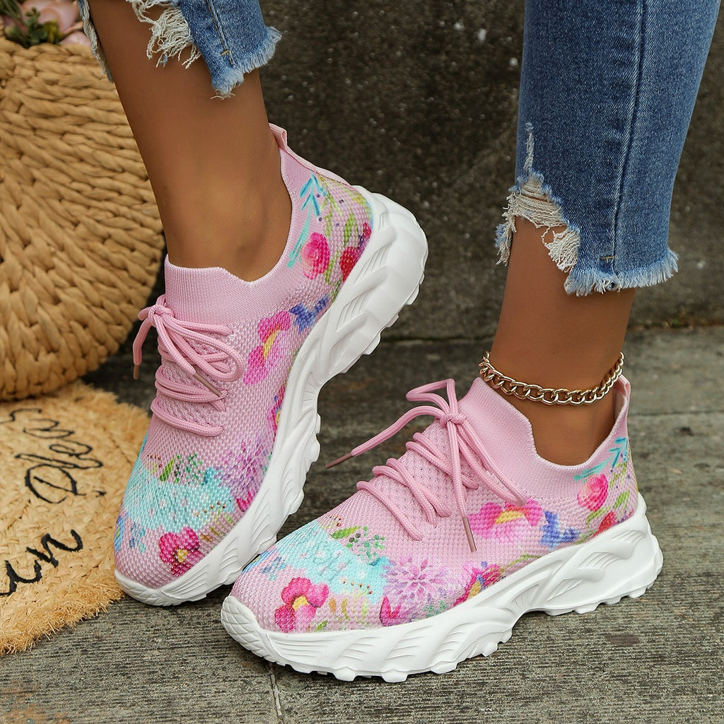 Sarah Express Floral Print Breathable Lace-Up Walking Sneakers Pink