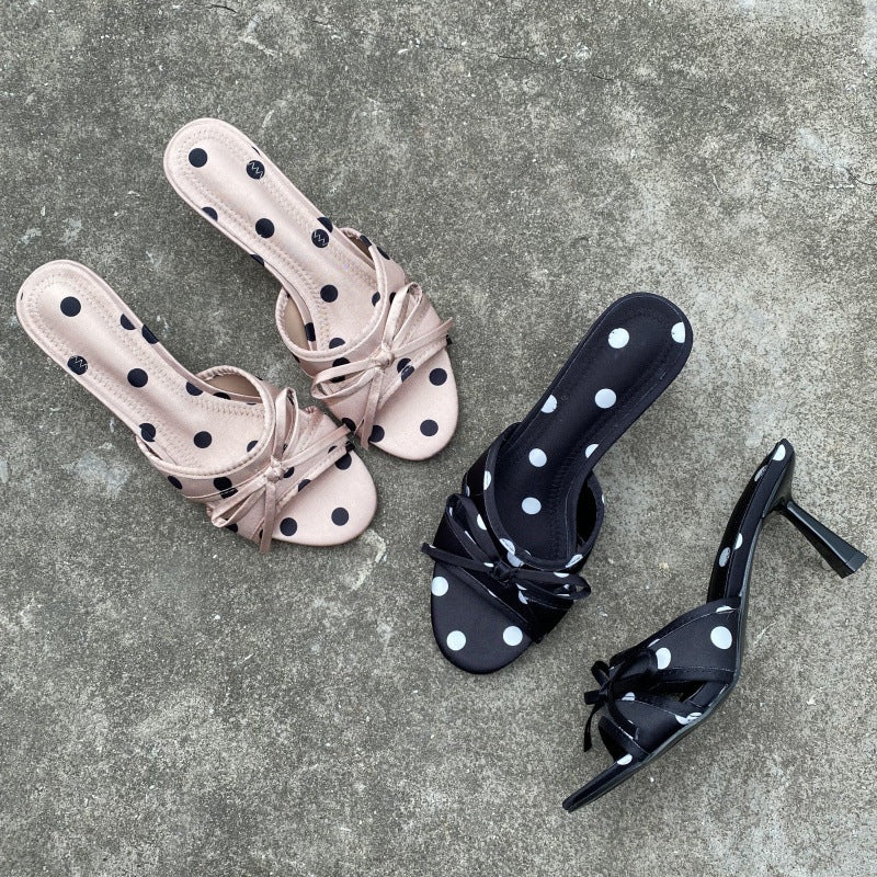 Sarah Express Polka Dot Satin Bow High Heel Slippers