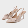 Sarah Express Patent Leather Pointed-Toe Bow Slingback Sandals Beige