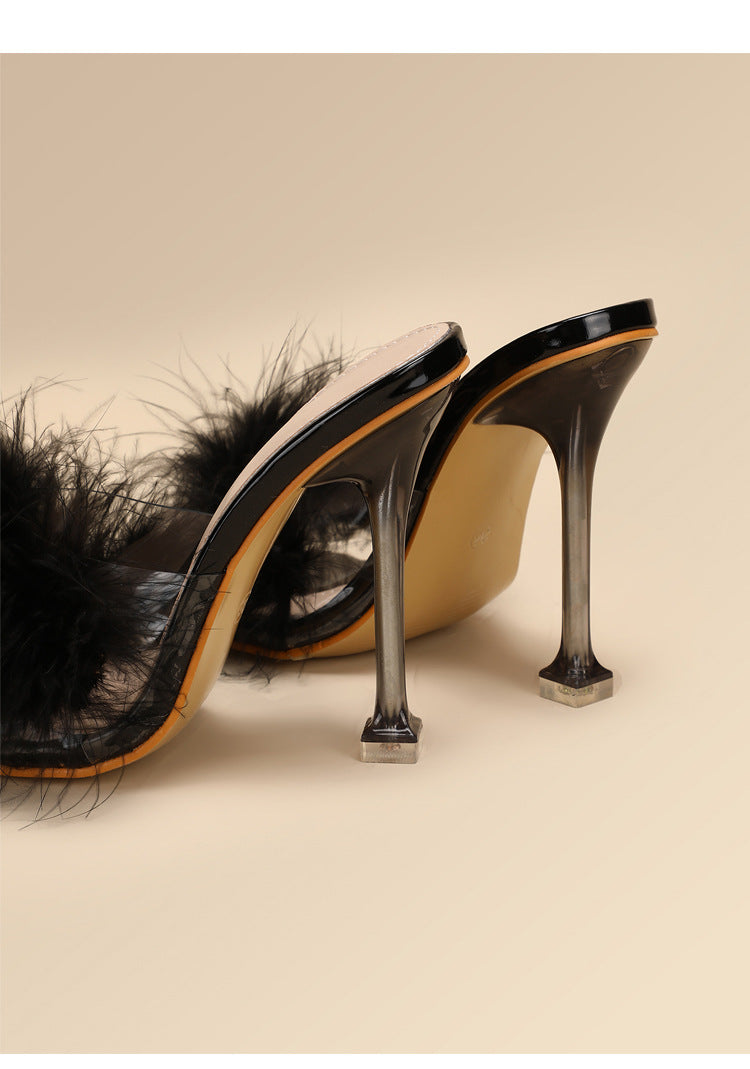 Sarah Express Furry Transparent Stiletto Heel Sandals