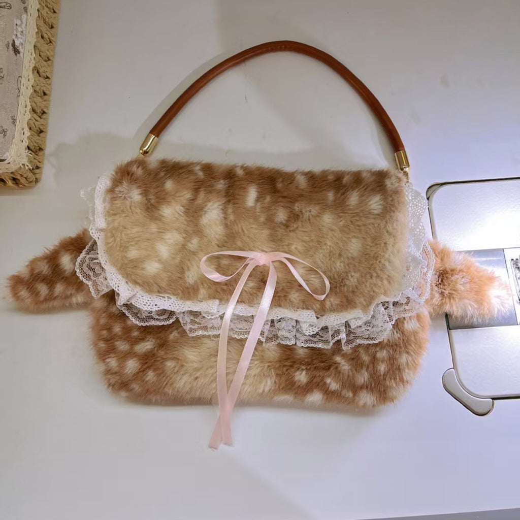 Sarah Express Plush Fawn Pattern Bow Tote Bag