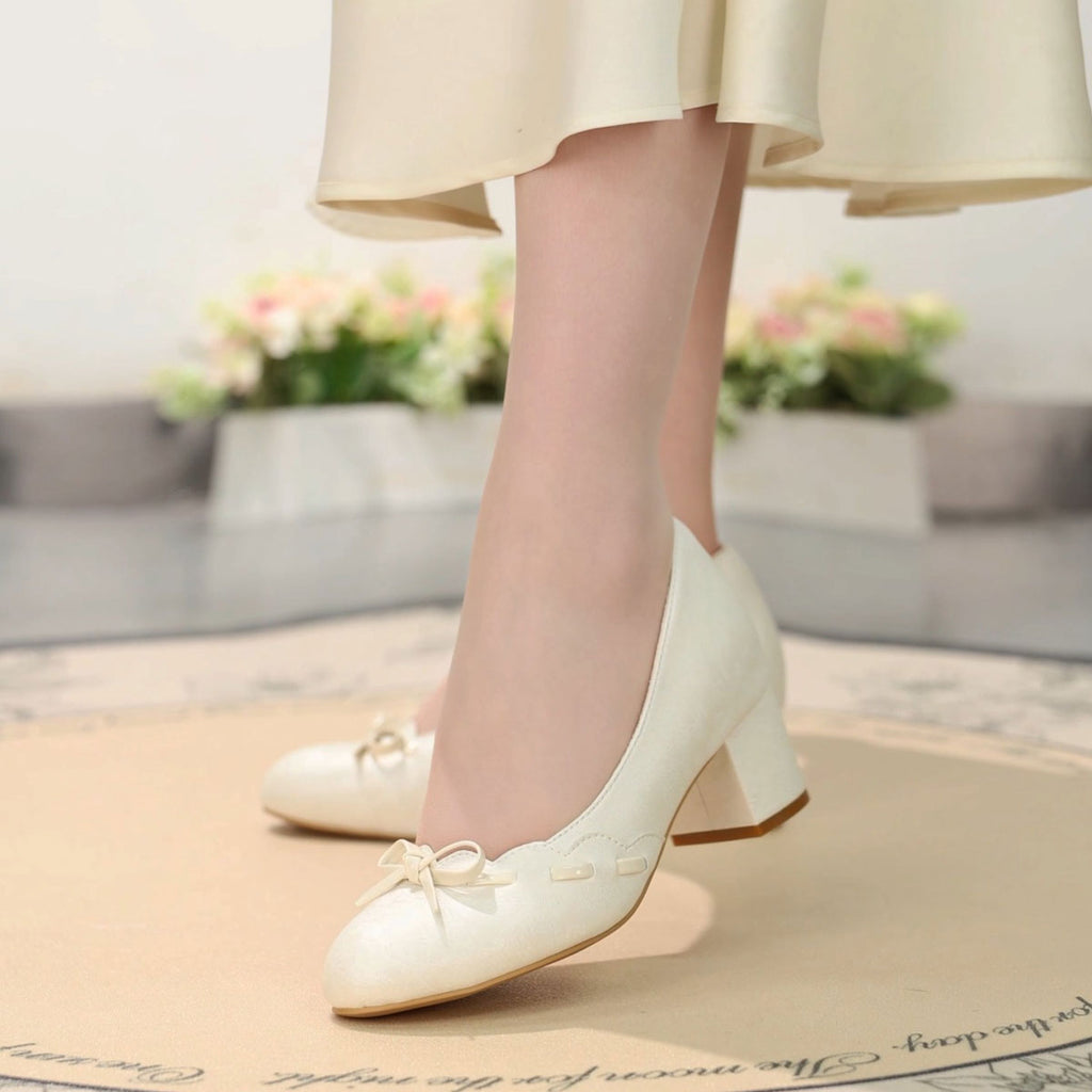 Sarah Express Ivory Jacquard Satin Bow Block Heels