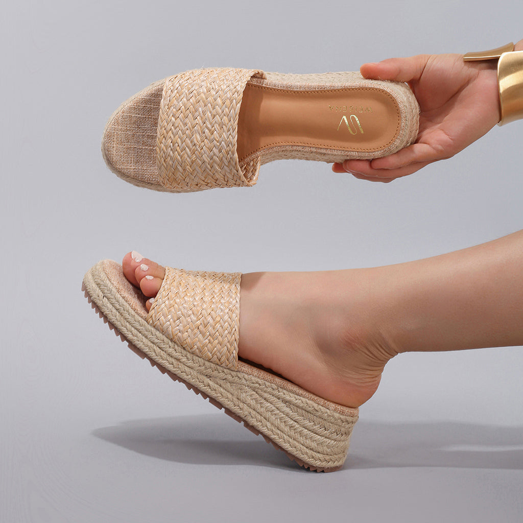 Sarah Express Woven Straw Platform Wedge Slide Sandals
