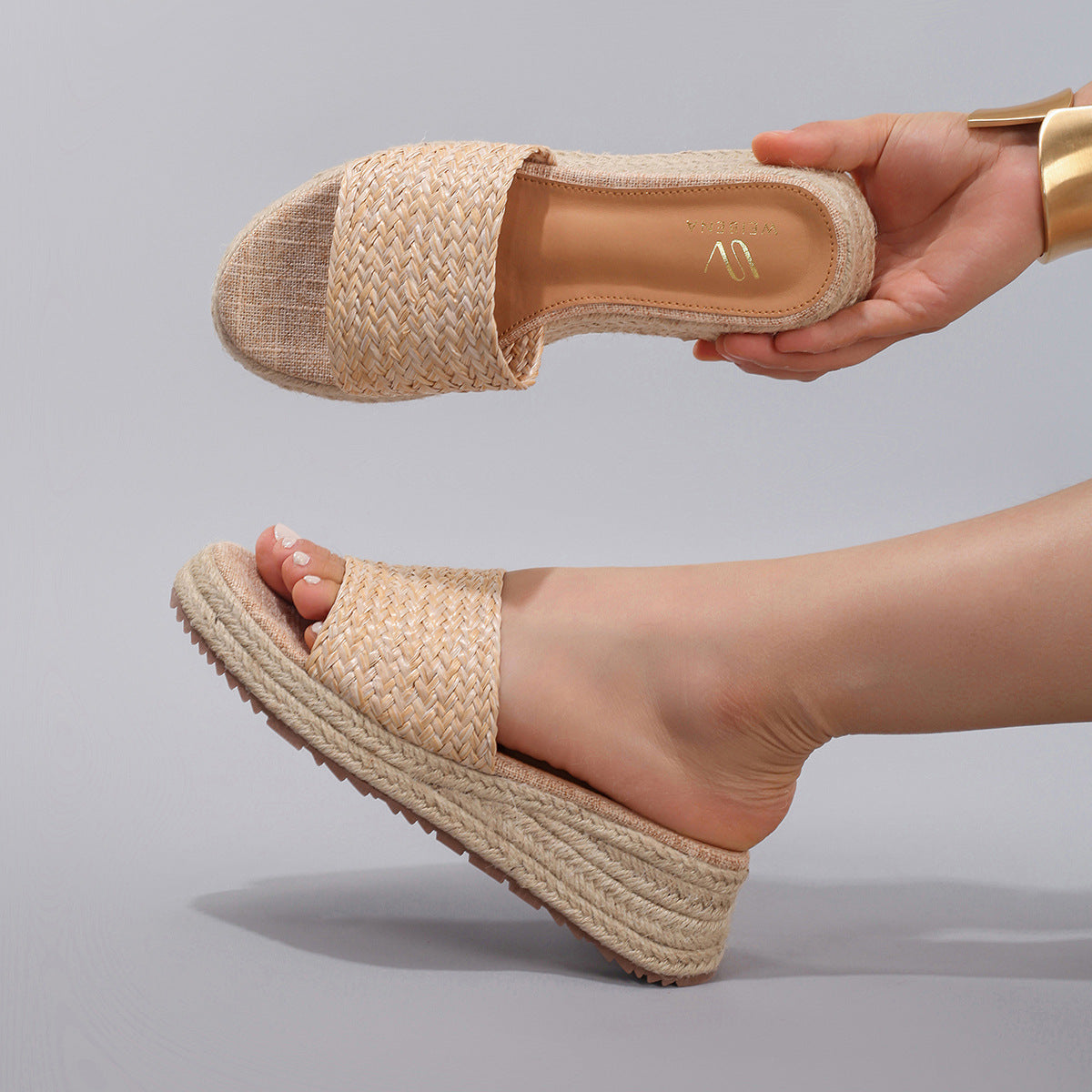 Sarah Express Woven Straw Platform Wedge Slide Sandals
