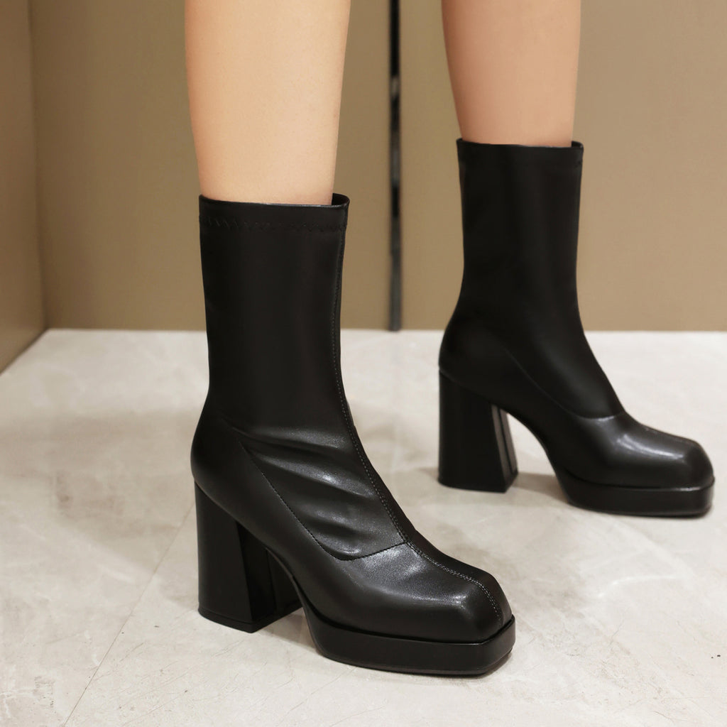 Sarah Express Square Toe Chunky Heel Ankle Boots