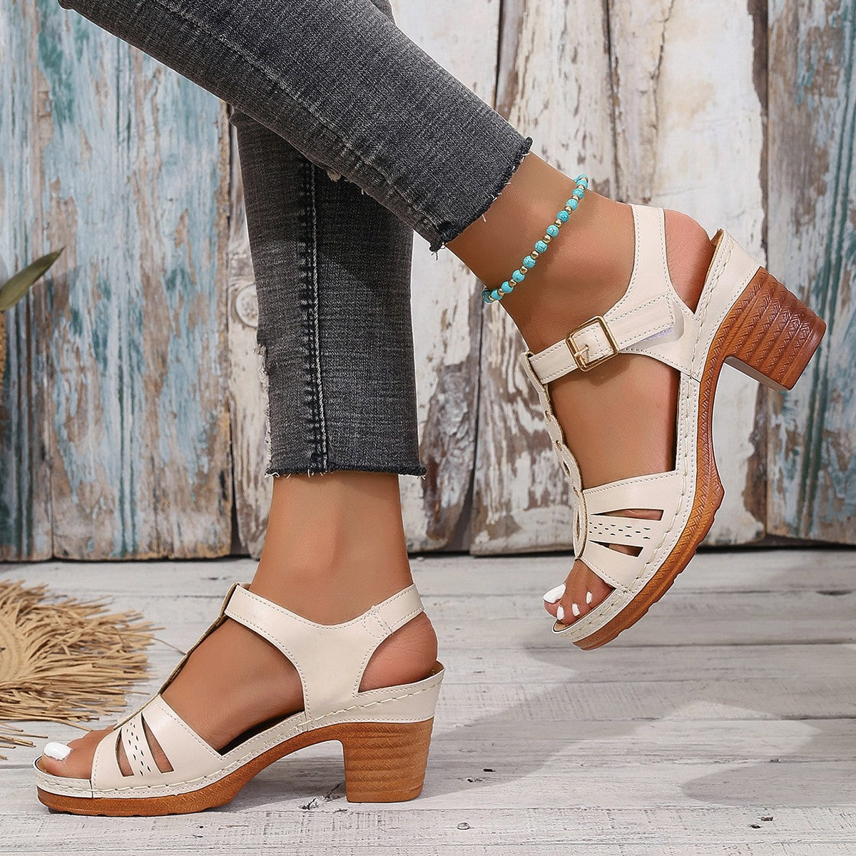 Sarah Express Strappy Buckle Round Toe High Heel Sandals
