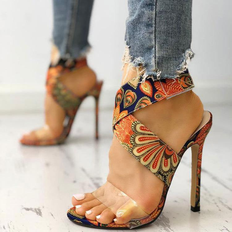 Sarah Express Printed Stiletto Heel Sandals Round Toe