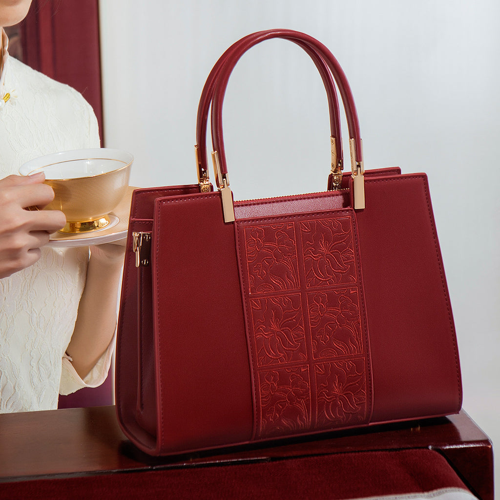 Sarah Express Embroidered Floral Structured Red Handbag