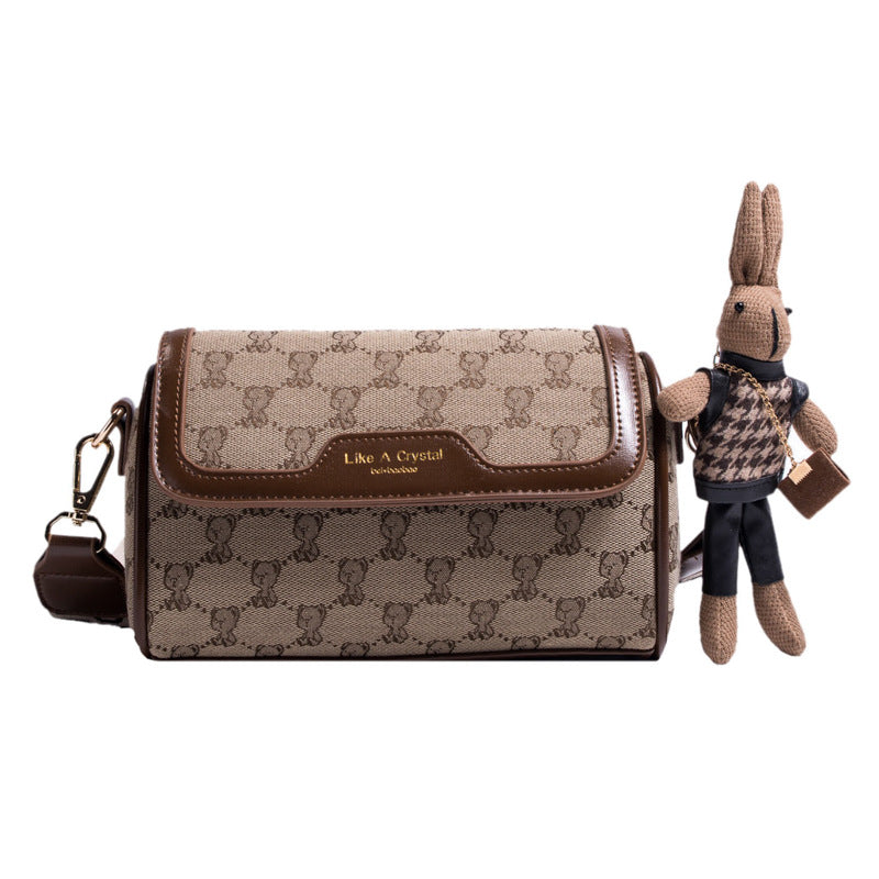 Sarah Express Bear Print Canvas Shoulder Bag Khaki