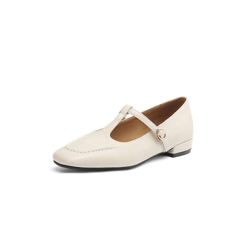 Sarah Express Women's T-Strap Peep Toe Flat Pumps Beige