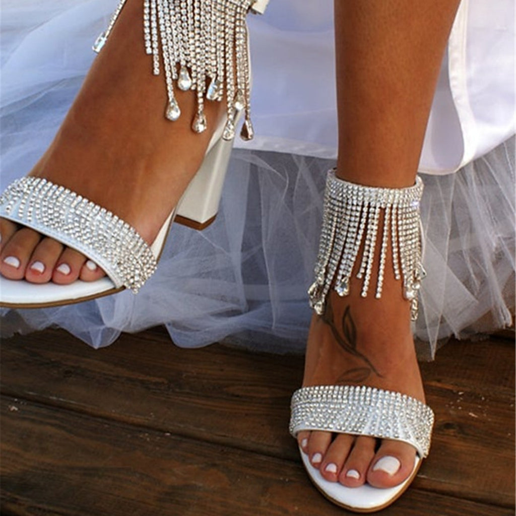 Sarah Express Rhinestone Chain Strap Chunky Heel Sandals