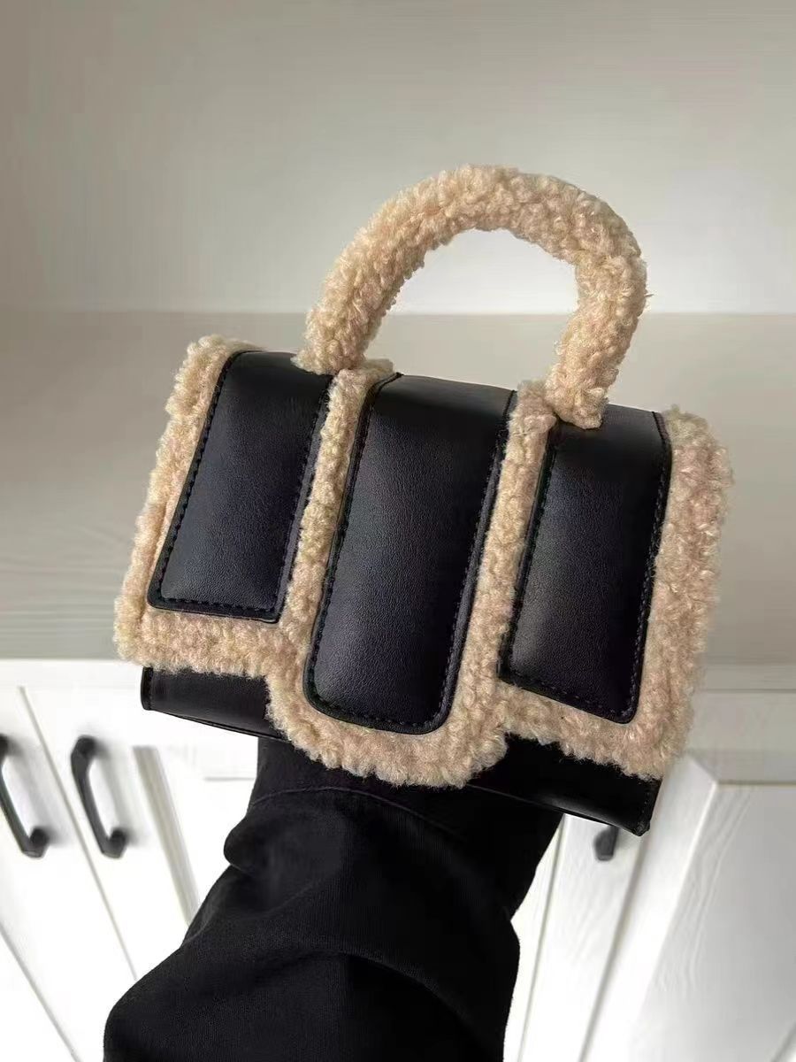 Sarah Express Lamb Wool Trim Structured Crossbody Bag