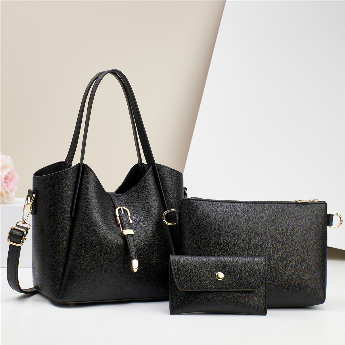 Sarah Express Three-Piece Embossed Crocodile Pattern Tote Set Black