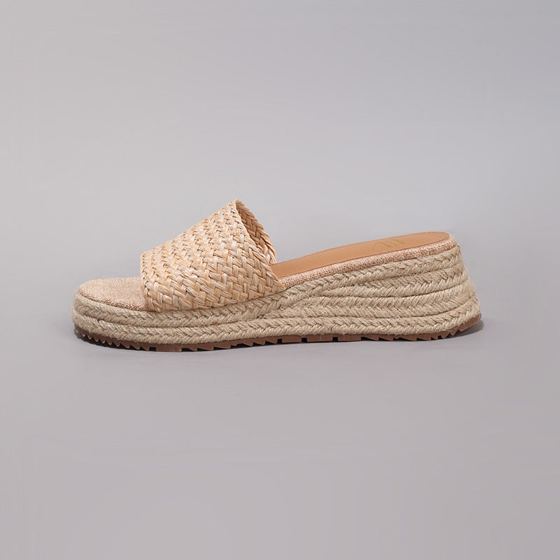 Sarah Express Woven Straw Platform Wedge Slide Sandals Apricot