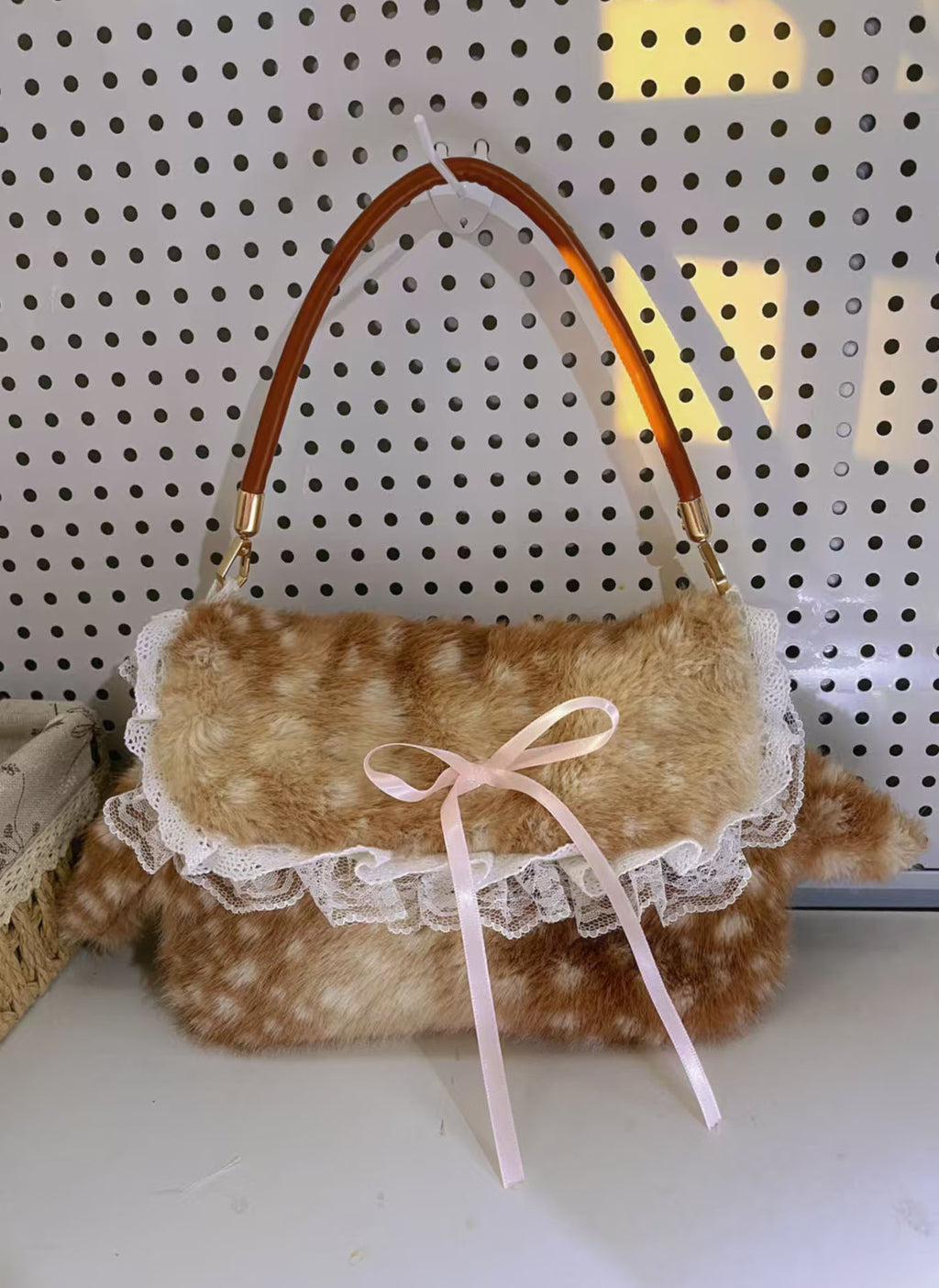 Sarah Express Plush Fawn Pattern Bow Tote Bag Deer Mottled Wool Bag