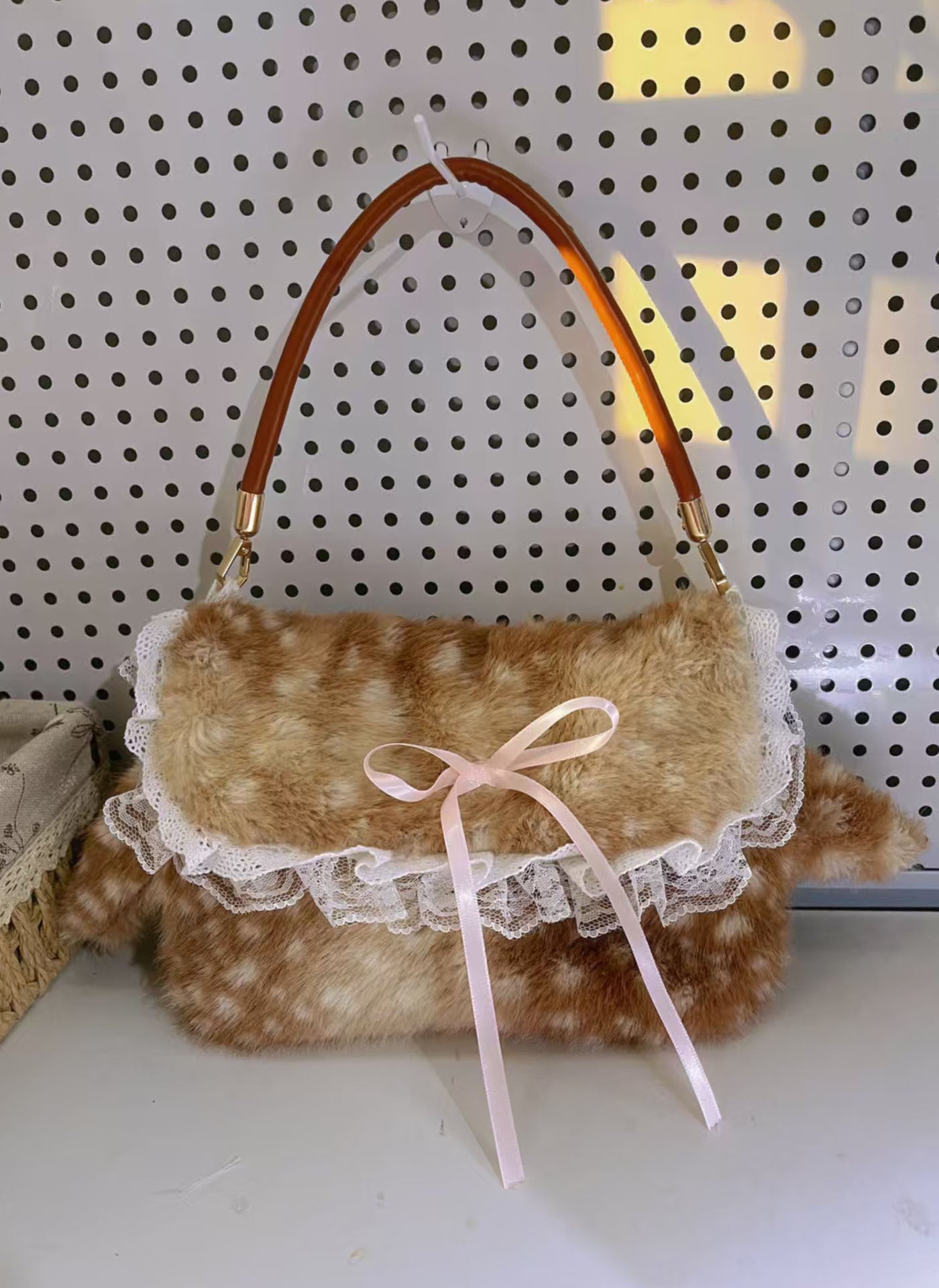 Sarah Express Plush Fawn Pattern Bow Tote Bag Deer Mottled Wool Bag