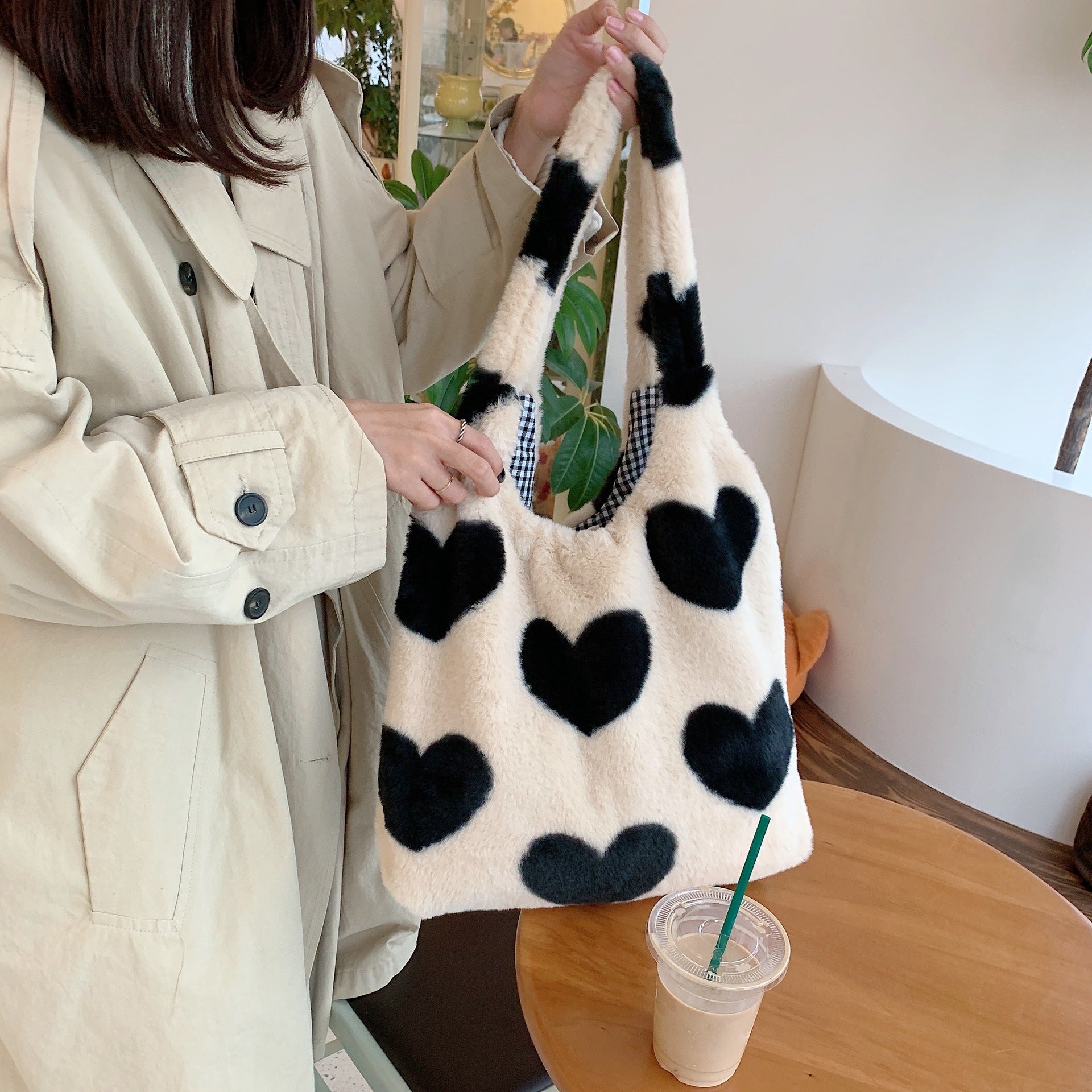 Sarah Express Plush Heart Pattern Reversible Shoulder Bag Beige