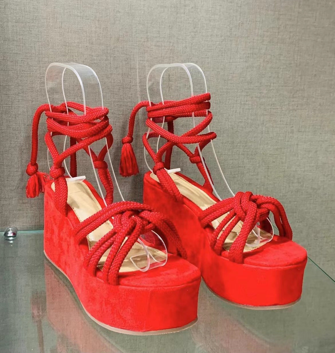 Sarah Express Strappy Rope Wedge Sandals Red