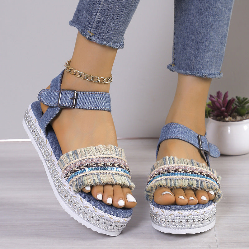 Sarah Express Women's Tassel Denim Flat Sandals
