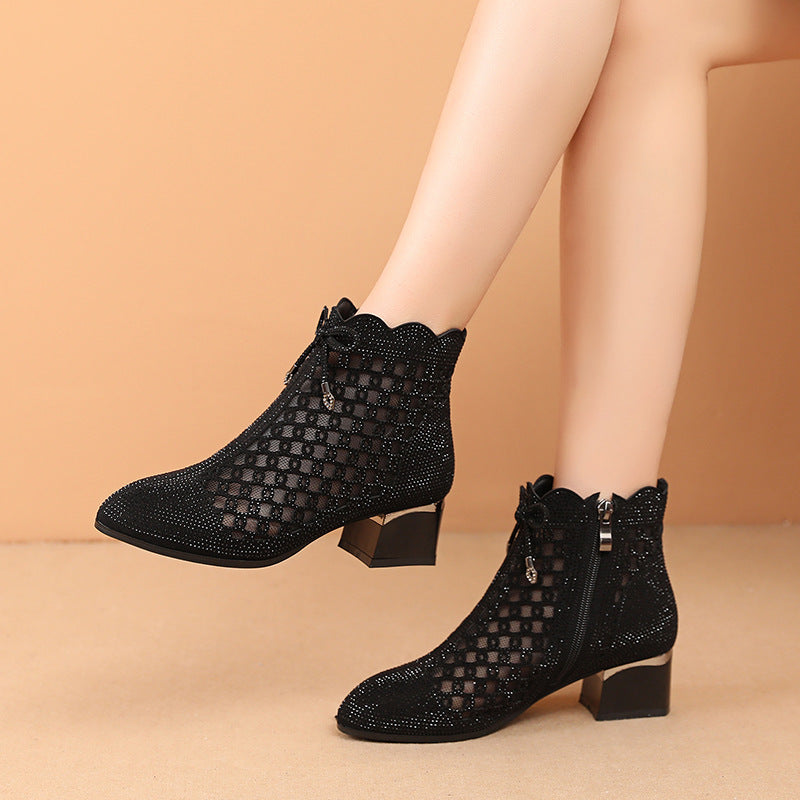 Sarah Express Rhinestone Mesh Cutout Ankle Boots Black