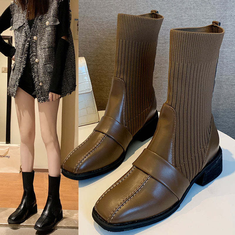 Sarah Express Square Toe Knitted Mid-Tube Martin Boots