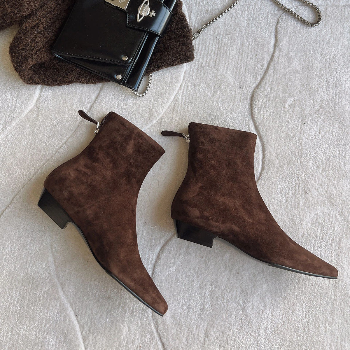 Sarah Express Women's Slim-Fit Square Toe Ankle Boots Brown Single Lining