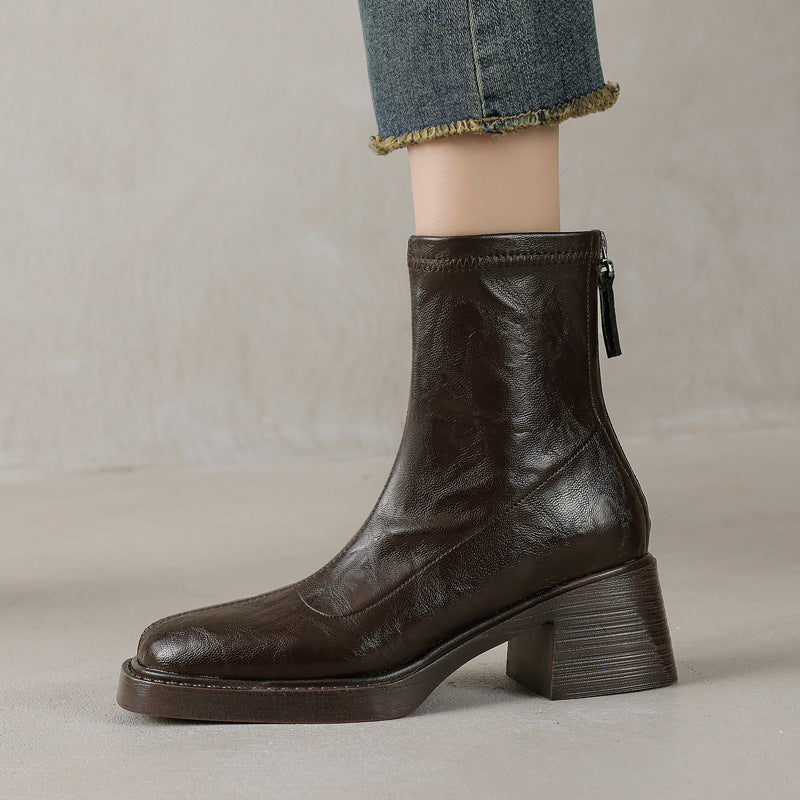 Sarah Express Chunky Heel Square Toe Ankle Boots Brown With Velvet Lining