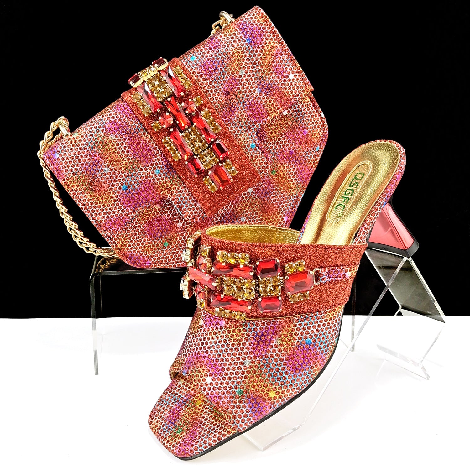 Sarah Express Camouflage Pattern Embellished Mule And Bag Set Red