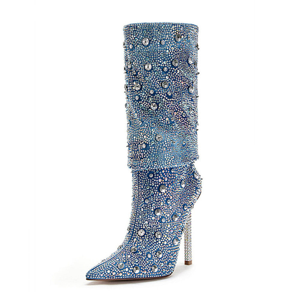 Sarah Express Denim Blue Rhinestone Pointed Toe Boots Blue