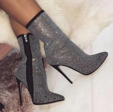 Sarah Express Rhinestone Stiletto Pointed Toe Heeled Boots