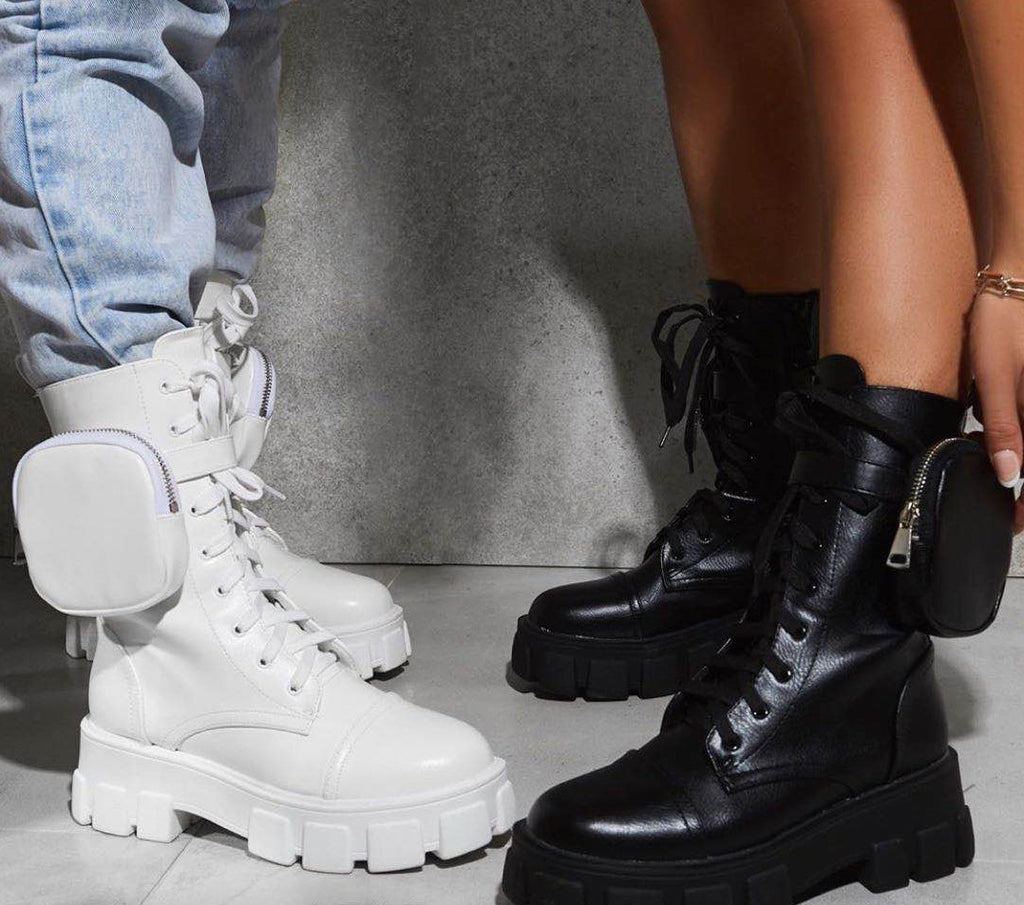 Sarah Express Lace-Up Combat Boots with Side Pouch White