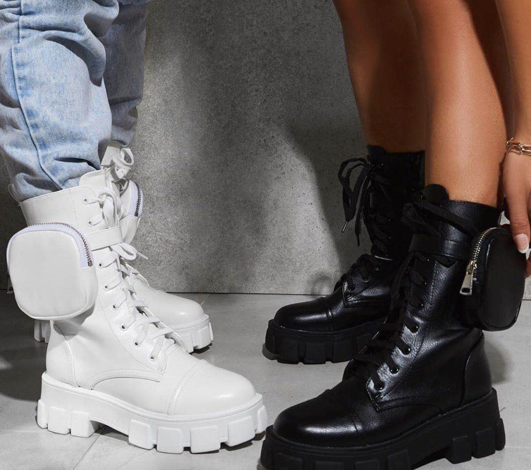 Sarah Express Lace-Up Combat Boots with Side Pouch White