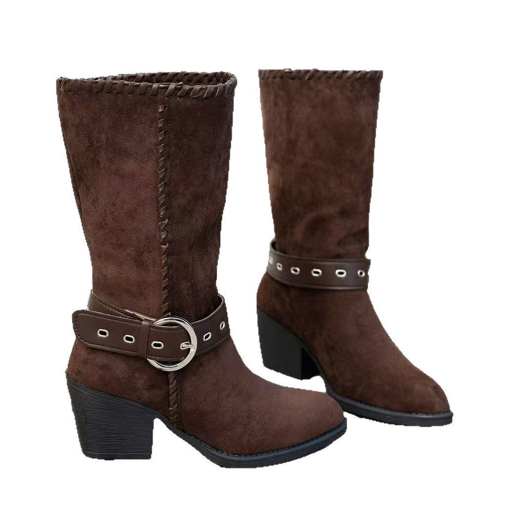 Sarah Express Pointed-Toe Mid-Calf Suede Fashion Boots