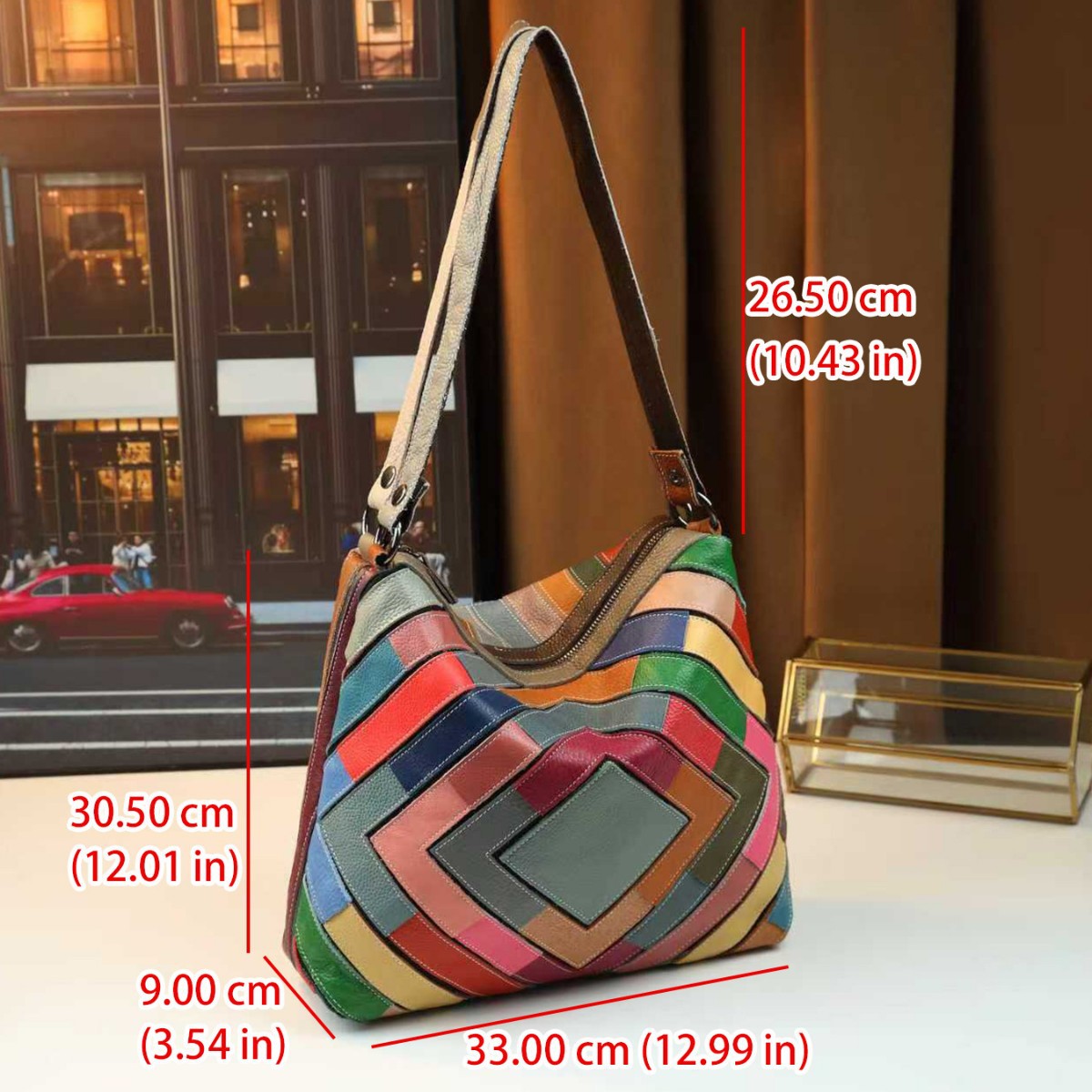 Sarah Express Geometric Patchwork Leather Shoulder Bag