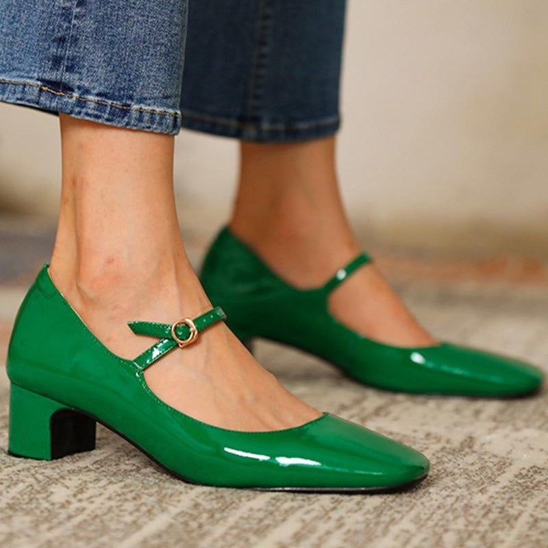 Sarah Express Square-Toe Mid-Heel Buckle Mule Pumps