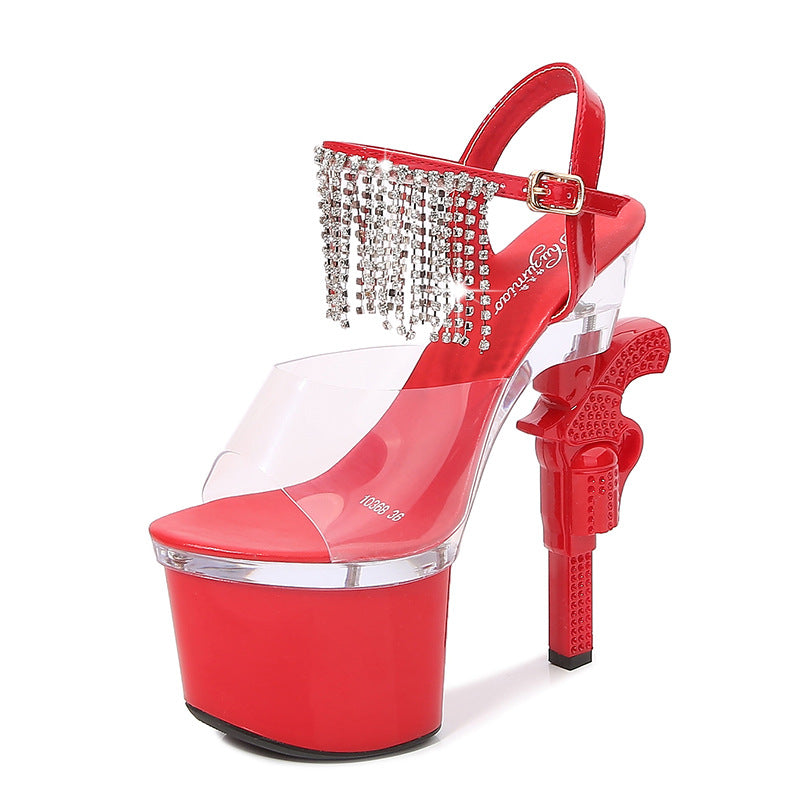 Sarah Express Rhinestone Platform Sandals with Unique Heel Red