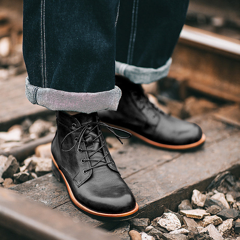 Sarah Express Men's Waxed Leather Lace-Up Ankle Boots