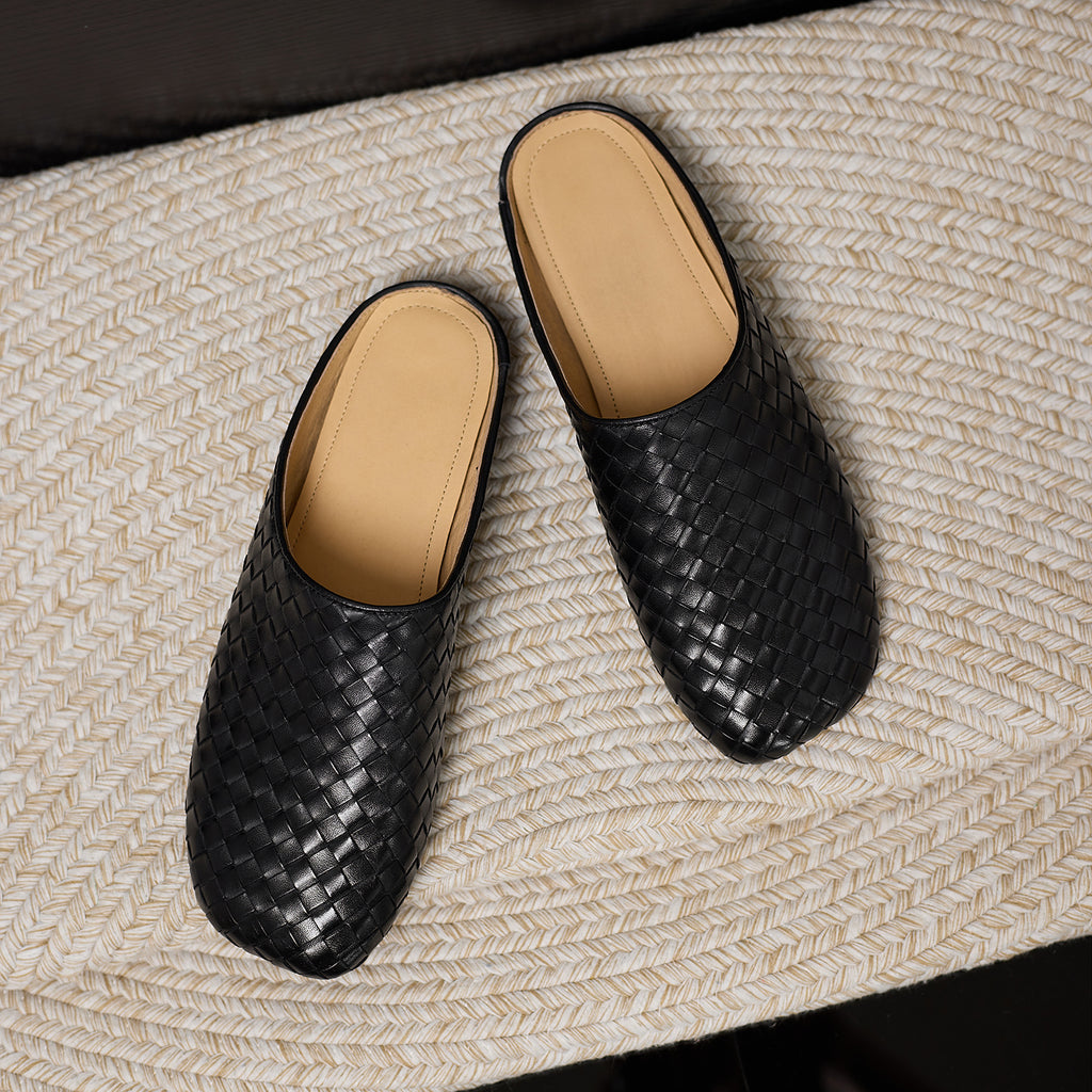 Sarah Express Handwoven Cowhide Square Toe Mules