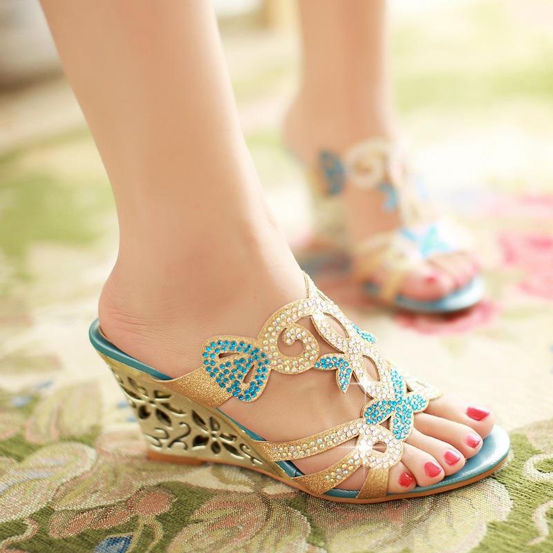 Sarah Express Rhinestone Wedge Sandals Peep Toe Slides