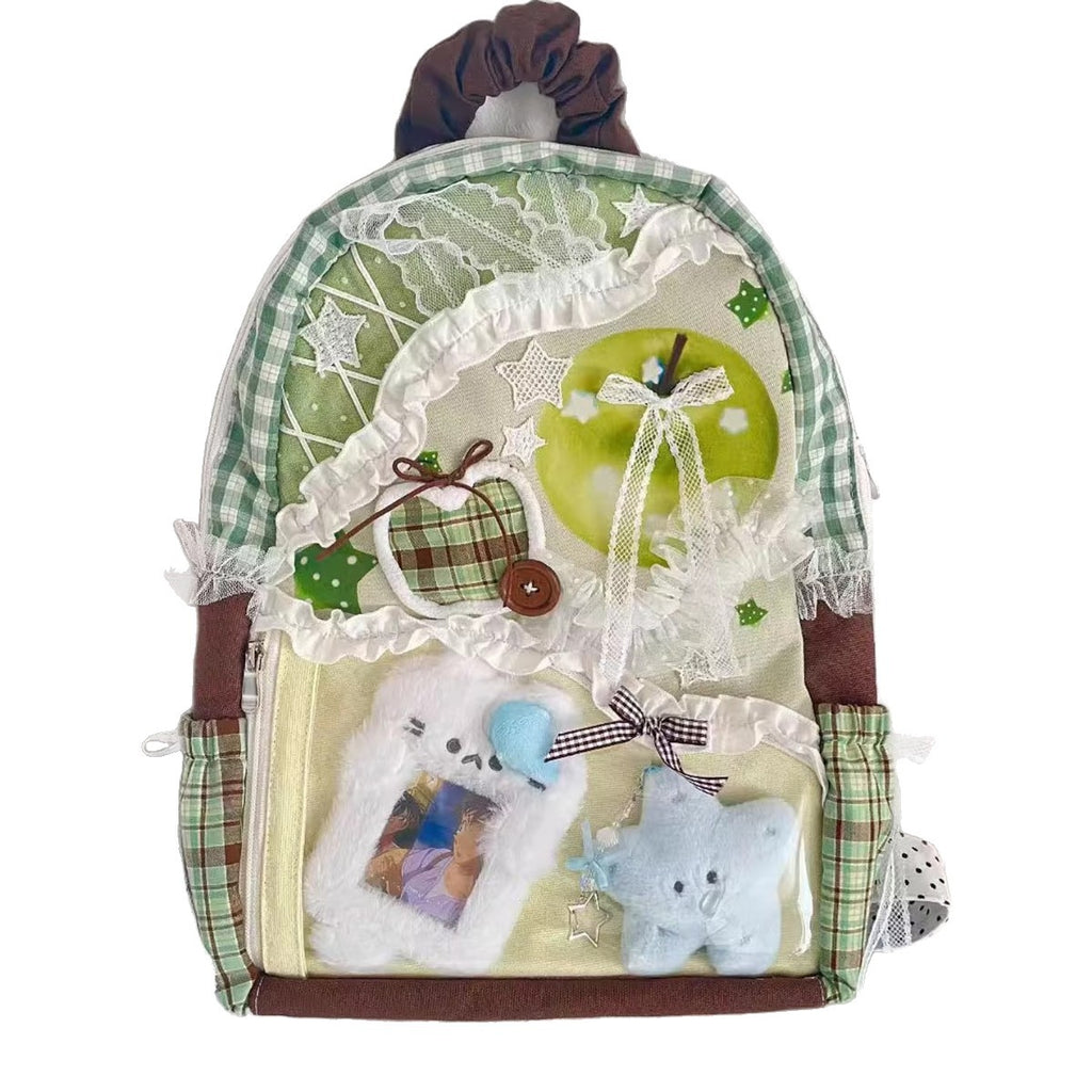 Sarah Express Plaid Canvas Patchwork School Backpack Green Apple Colors