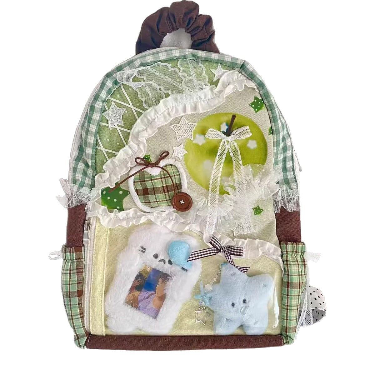 Sarah Express Plaid Canvas Patchwork School Backpack Green Apple Colors