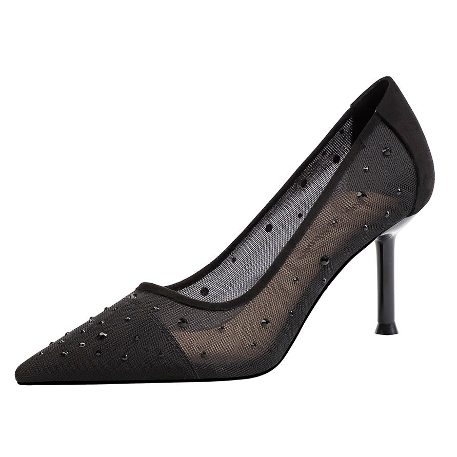Sarah Express Pointed Toe Rhinestone Mesh Stiletto Heels Black