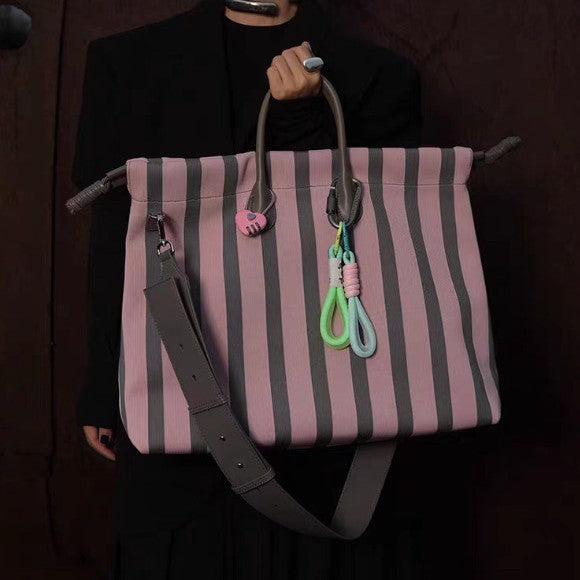 Sarah Express Large Capacity Striped Cowhide Leather Tote
