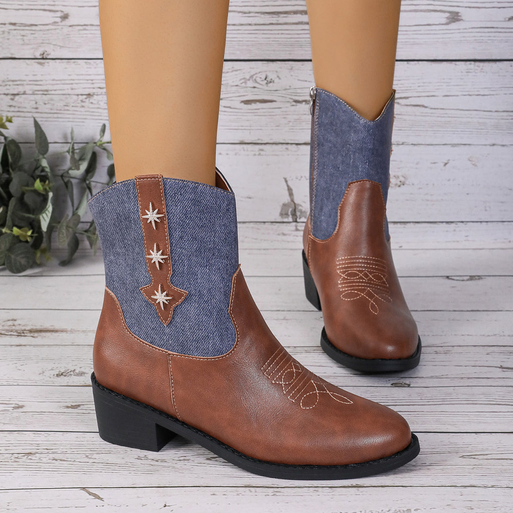 Sarah Express Denim Patchwork Western Pointed Toe Boots