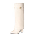 Sarah Express Pointed-Toe Chunky Heel Mid-Calf Boots Apricot Pu