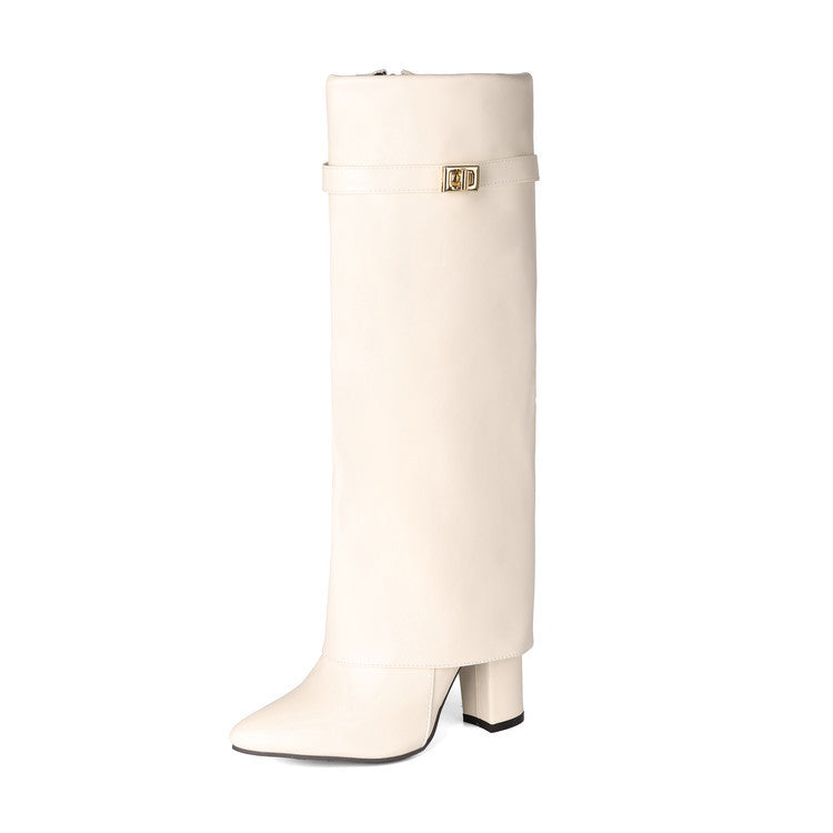Sarah Express Pointed-Toe Chunky Heel Mid-Calf Boots Apricot Pu