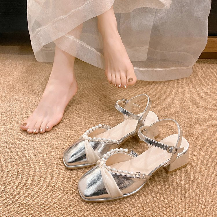 French Silver Mary Janes For Women, Gorgeous Fairy Style Block Heel Closed Toe Sandals Matching Dresses – front product view