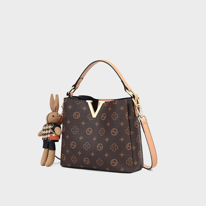 Sarah Express Printed Bucket Shoulder Bag with Charm Khaki Viney